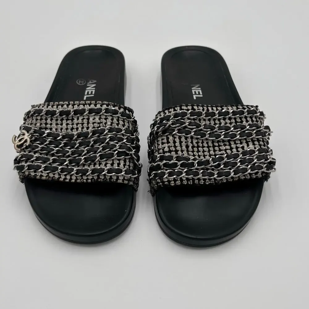 Chanel CC Chain Slide Sandals Flat Canvas Slip On Shoes Black Tweed Size 38